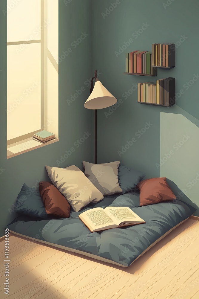Poster this inviting reading nook features comfortable cushions, an open book, and soft natural light strea