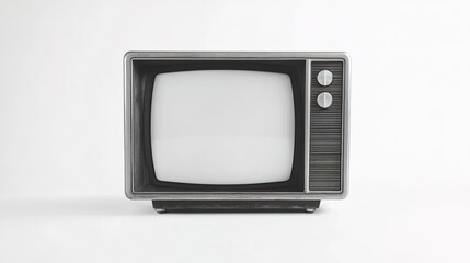 Vintage television isolated on a white background, flat lay, with a white blank screen.