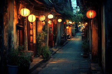 Fototapeta premium A captivating night scene showcasing a narrow street adorned with glowing lanterns. The warm light and rustic architecture create a peaceful ambiance perfect for evening strolls.