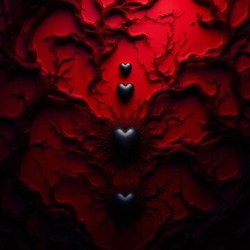 Cuatro corazones negros conectados por ra&iacute;ces rojas en un fondo carmes&iacute;, simbolizando la conexi&oacute;n y la fuerza del amor
