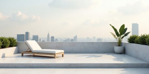 Serene Rooftop Lounge with City Skyline View and Minimalist Decor