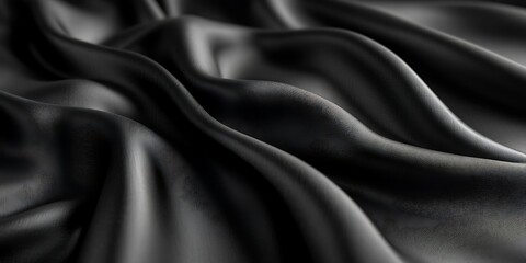 Fototapeta premium Black silk fabric waves, studio shot, draped folds, luxury textile background.