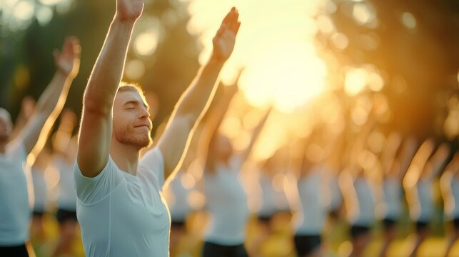 Fitness coach leading bootcamp in city park, enthusiastic participants, sunny day - Powered by Adobe