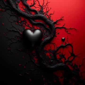 Un coraz&oacute;n negro yace atrapado en las ra&iacute;ces retorcidas de un &aacute;rbol oscuro, un s&iacute;mbolo de amor perdido y pasi&oacute;n consumida
