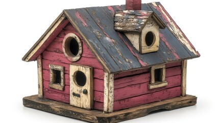 Rustic wooden birdhouse, red, weathered, charming, small, isolated on white background.
