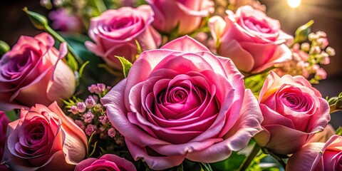 Obraz premium Romantic Pink Rose Bouquet, Wedding Flowers, Close Up, Low Light Photography