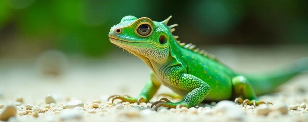 Fototapeta premium Lizard with vibrant green body and bumpy scales sitting on white ground, wild creature, desert animal