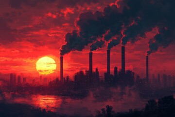 Obraz premium Industrial skyline under a dramatic sunset with smokestacks silhouetted against a fiery sky and reflective waters