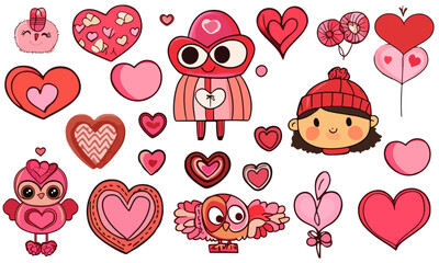 Valentine's day vector set. Hearts, animals, cartoon, hand drawn, doodles, love celebration, cute, flowers, love letters, key, messages, smartphones, cute characters.