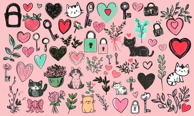 Valentine's day vector set. Hearts, animals, cartoon, hand drawn, doodles, love celebration, cute, flowers, love letters, key, messages, smartphones, cute characters.