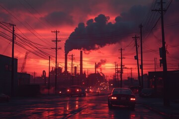 Industrial skyline during sunset creates a dramatic view with smokestacks and glowing clouds