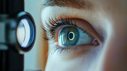 Close-up of a woman's eye being framed by a machine with two lenses for a vision exposure test in a clinic