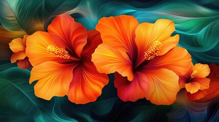 Fototapeta premium Vibrant orange hibiscus flowers against a swirling background