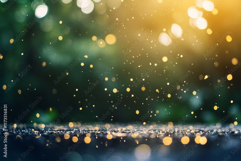 Poster a captivating scene featuring soft golden bokeh and sparkling dust particles over a blurred backgrou
