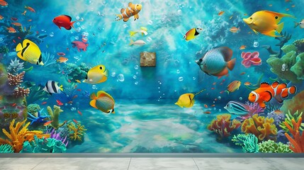 A 3D painting of an underwater scene with colorful fish, with a mockup at the center of the wall. full ultra hd, high resolution