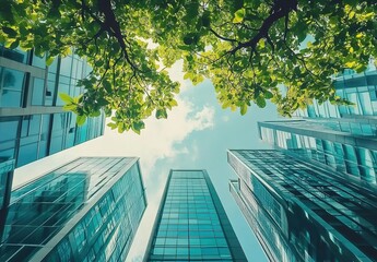  Green glass skyscrapers with tree branches and leaves in the city, looking up view, sustainable building concept