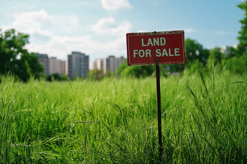 A bright red sign with "Land For Sale" text, standing prominently in front of a grassy field, symbolizing property transactions and real estate opportunities