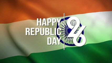 Happy Republic day India text lettering animation on Indian flag background. 26 January animated logo. High Quality 4K footage