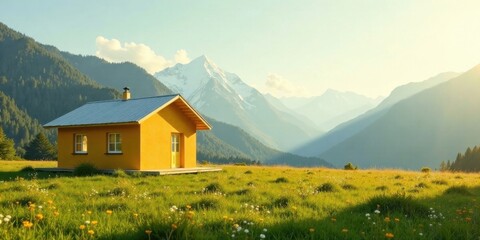 Fototapeta premium Serene Yellow Cottage in a Mountain Meadow at Sunset