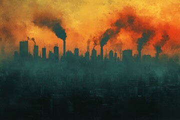 Obraz premium Urban skyline at sunset with smoke rising from buildings, highlighting pollution and environmental concerns