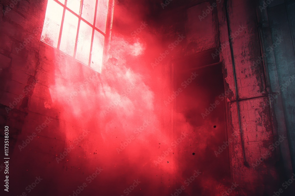 Poster light beams filter through a grimy window, creating a surreal atmosphere filled with red mist in an 