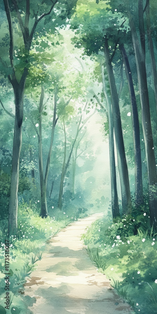 Poster a peaceful forest scene with a sunlit path surrounded by tall trees and lush greenery, creating a tr