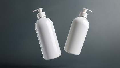 two plastic shampoo bottles floating on gray background 3d render mockup background mockup
