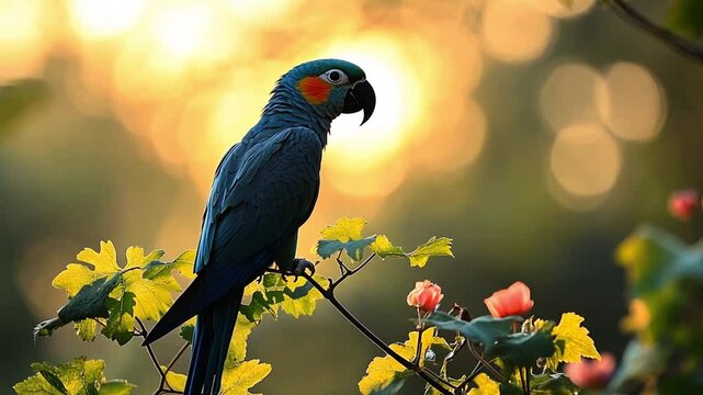 A vibrant parrot perched on a branch with flowers against a glowing sunset backdrop footage