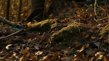 Sunlight illuminates vibrant green moss patches amidst fallen autumn leaves and pine needles on forest floor.