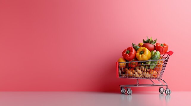 Healthy grocery lists. A shopping cart filled with colorful fruits and vegetables against a pink background.
