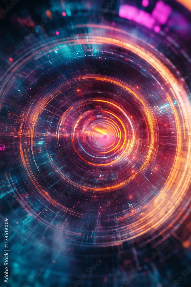 Poster A mesmerizing digital vortex with neon lights and circular patterns, creating a futuristic and dynamic visual effect.