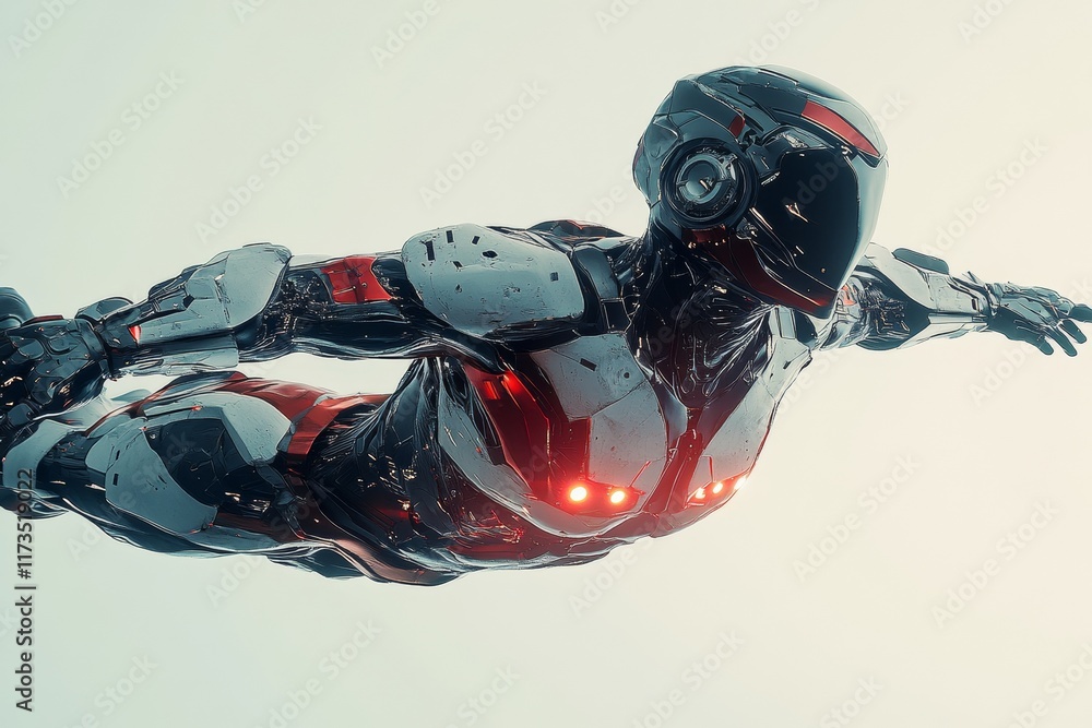 Poster futuristic robotic figure soaring through a bright, neutral space in a display of advanced technolog