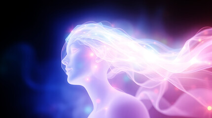 An ethereal, spiritual image with glowing bioluminescent colors.  Natural light effects create a vibrant glow and light aura, conveying a mystical feeling