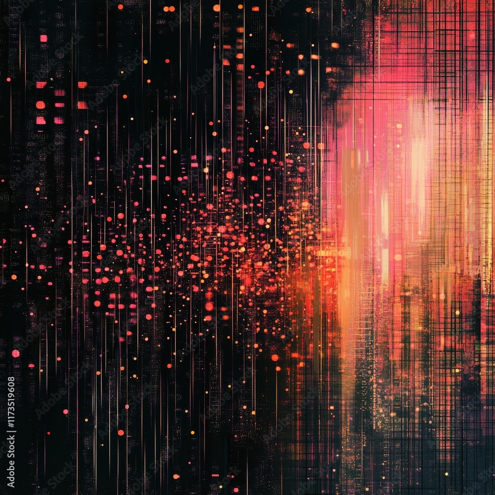 Poster Explore a vibrant abstract digital background featuring colorful dots and lines, perfect for representing modern concepts in technology and data visualization.