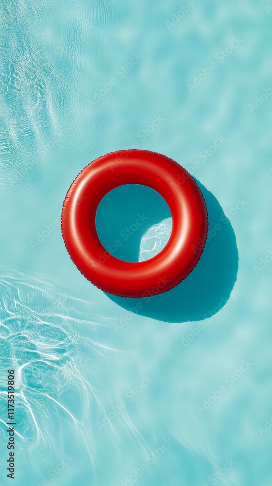 Poster Bright red inflatable ring floating on the tranquil surface of a clear blue swimming pool, creating a vibrant contrast and suggesting a relaxing summer vacation