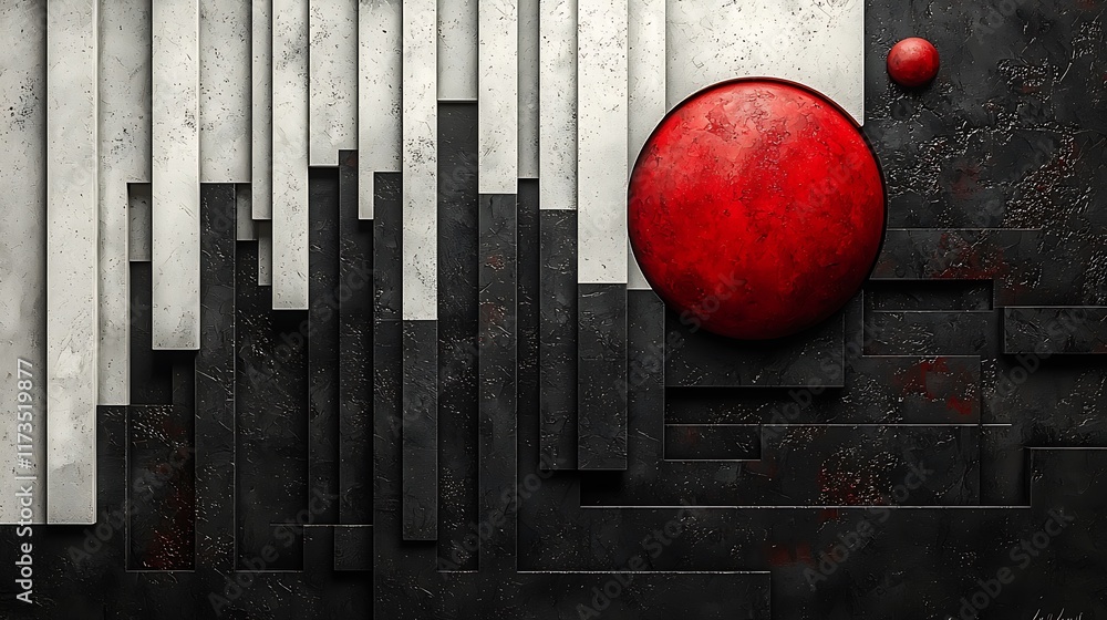 Poster abstract 3d rendering of red and white circles on a textured black and white geometric background.
