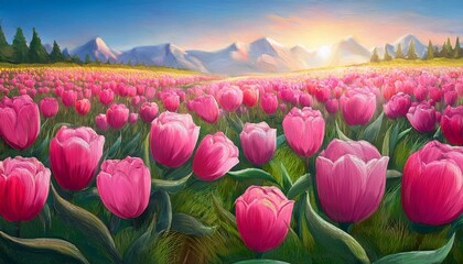 pink tulip field painting