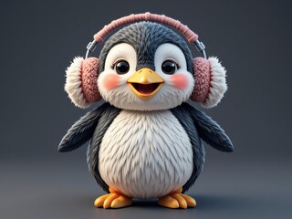 Fototapeta premium Adorable Cartoon Penguin Wearing Pink Earmuffs and Headphones Winter Holiday Fun