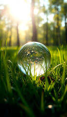 Globeglass in green grass forest with sunlight. Environment, save the earth, earth day and conservation, dramatic atmosphere, with white tones