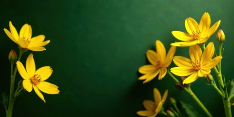 Obraz premium Vibrant Yellow Flowers Against a Deep Green Background, a Stunning Floral Display