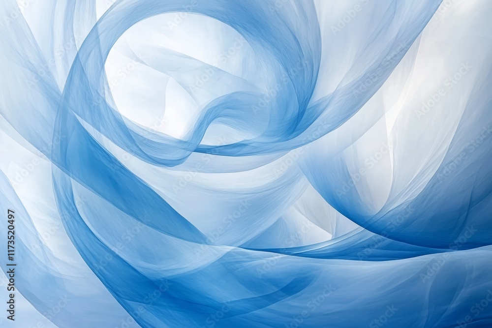 Poster elegant abstract image of blue and white flowing fabric with soft curves, creating a dreamy and arti