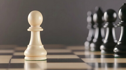White pawn facing black chess pieces on a board, strategic game, competition concept, business strategy.