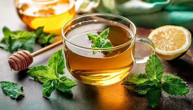 relaxing indoor scene with glass cup of freshly made lemon balm tea surrounded by fresh mint herb leaves and honey