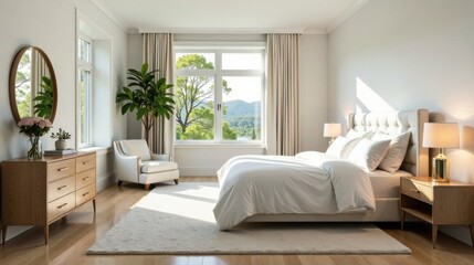 Fototapeta premium Serene Bedroom Interior Design with Natural Light and Luxurious Bedding