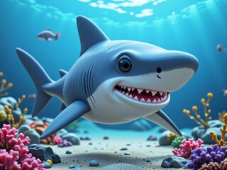 Fototapeta premium Adorable Cartoon Shark Swimming in Vibrant Ocean Coral Reef Scene