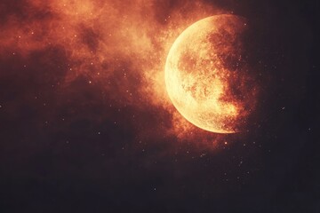 Obraz premium Vibrant full moon illuminated by a stunning orange nebula in a starry night sky