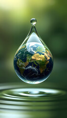planet earth inside a drop of water. concept of ecology. save the world, with white tones