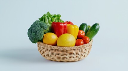 Healthy grocery lists. A vibrant assortment of fresh vegetables and fruits in a woven basket against a light background.