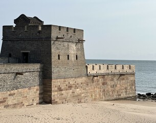 Aft view of the Great Wall of China easternmost point where the wall meets the Yellow Sea, Shanhai pass (