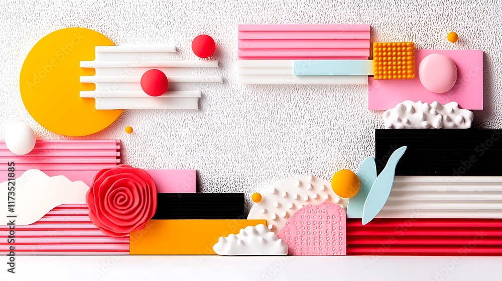 Poster abstract colorful 3d shapes and textured background composition.